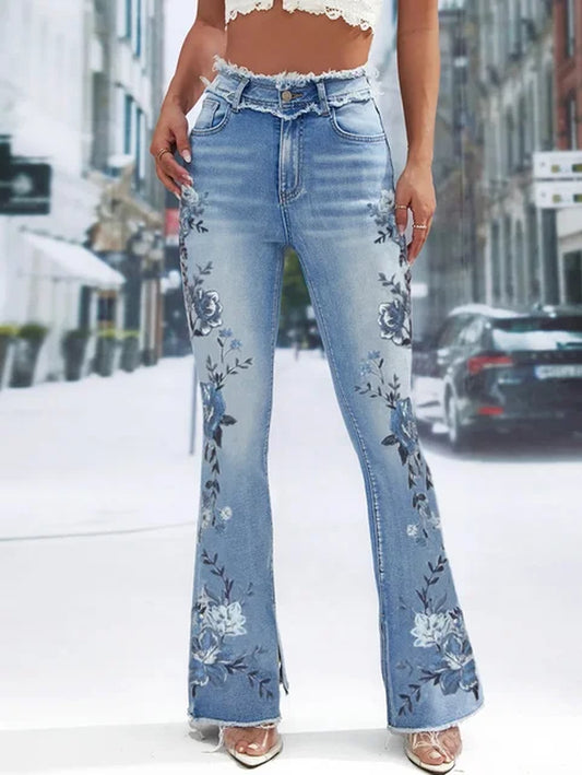 High Waist Flared Pants for Women plus Size New Printed Pockets Ladies Casual Loose Straight Leg Trousers Streetwear Jeans Pant