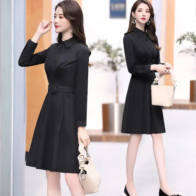 2022 Spring Autumn Casual Solid Color A-Line Shirt Dress Elegant Women'S Clothing Long Sleeve Turn Collar Sashes Dresses Aq098