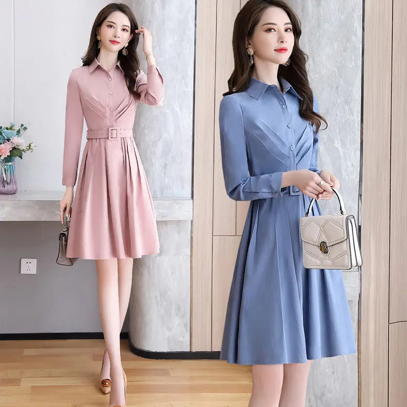 2022 Spring Autumn Casual Solid Color A-Line Shirt Dress Elegant Women'S Clothing Long Sleeve Turn Collar Sashes Dresses Aq098