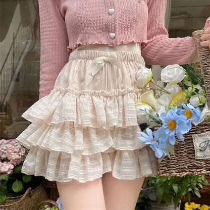 Kawaii Ruffle Skirt Women Coquette Cute Lolita High Waist A-Line Bow Lace Fairycore Mesh Mini Skirt Summer Mori Girl