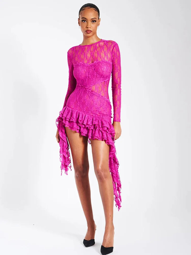 Women's Elegant Lace Ruffle Mini Dress with Long Sleeves and Backless Design for Club Parties