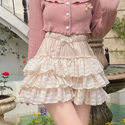 Kawaii Ruffle Skirt Women Coquette Cute Lolita High Waist A-Line Bow Lace Fairycore Mesh Mini Skirt Summer Mori Girl